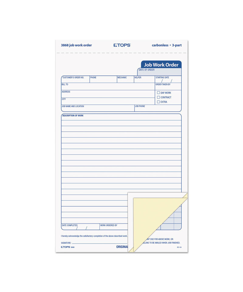 Snap-Off Job Work Order Form, Three-Part Carbonless, 5.66 x 8.63, 1 ...