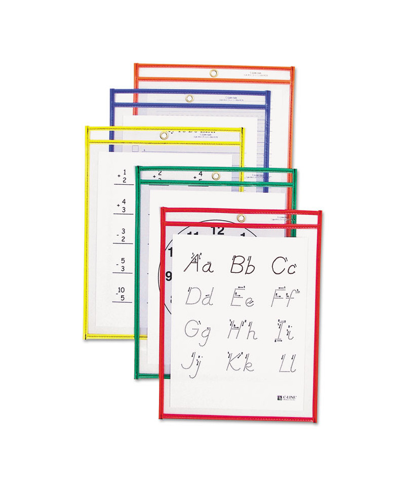 Reusable Dry Erase Pockets, 9 x 12, Assorted Primary Colors, 5/Pack