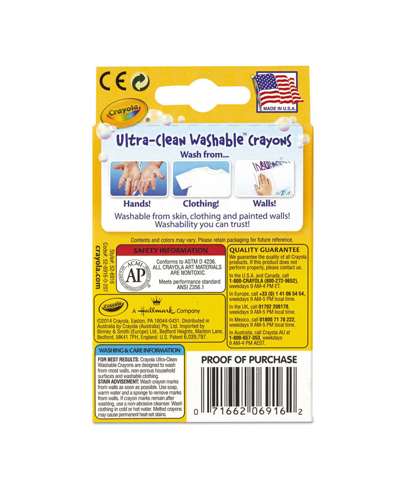 Ultra-Clean Washable Crayons, Regular, 8 Colors, 16/Box