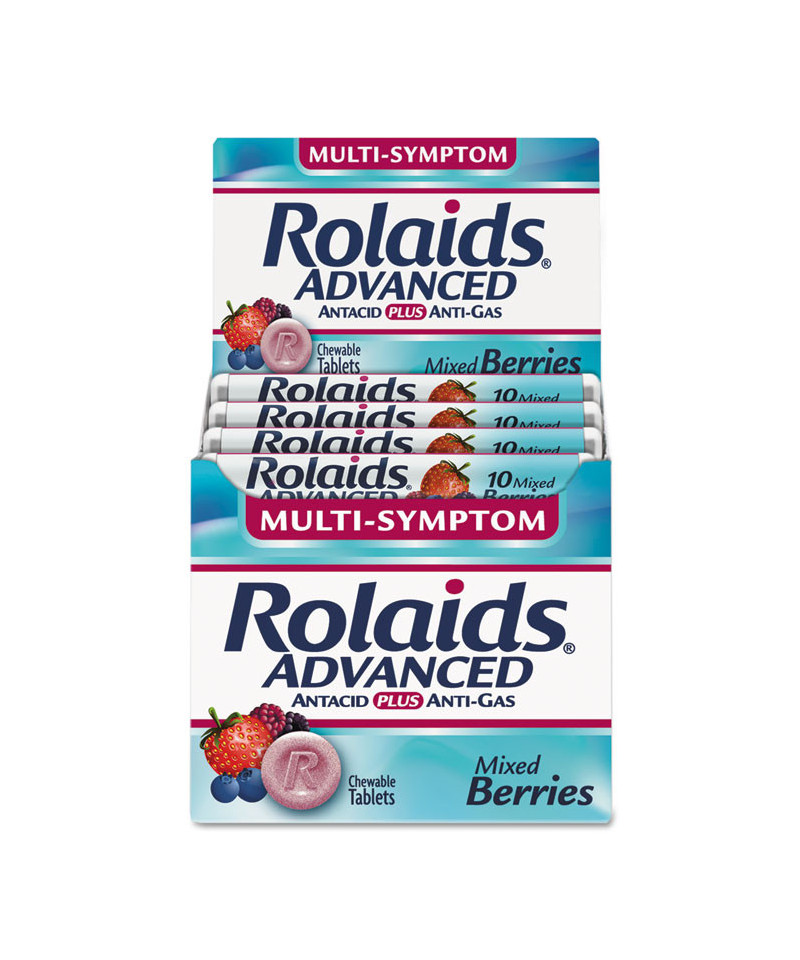 Advanced Antacid Plus AntiGas Tablets, Assorted Berries, 10/Roll, 12