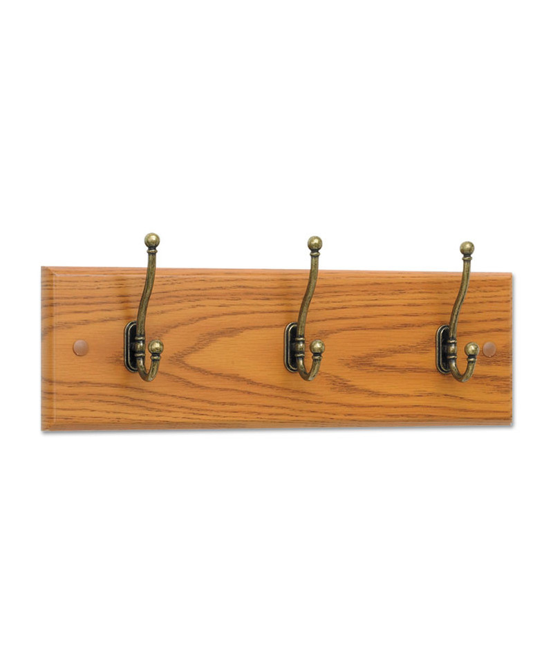 Wood Wall Rack, Three Double-Hooks, 18w x 3-1/4d x 6-3/4h, Medium Oak