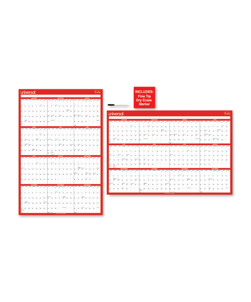 Erasable Wall Calendar, 24 x 36, White/Red Sheets, 12Month (Jan to Dec