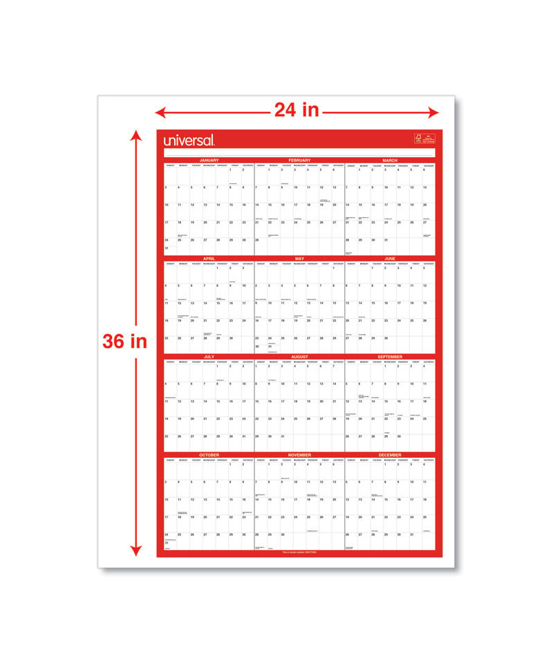 Erasable Wall Calendar, 24 x 36, White/Red Sheets, 12Month (Jan to Dec